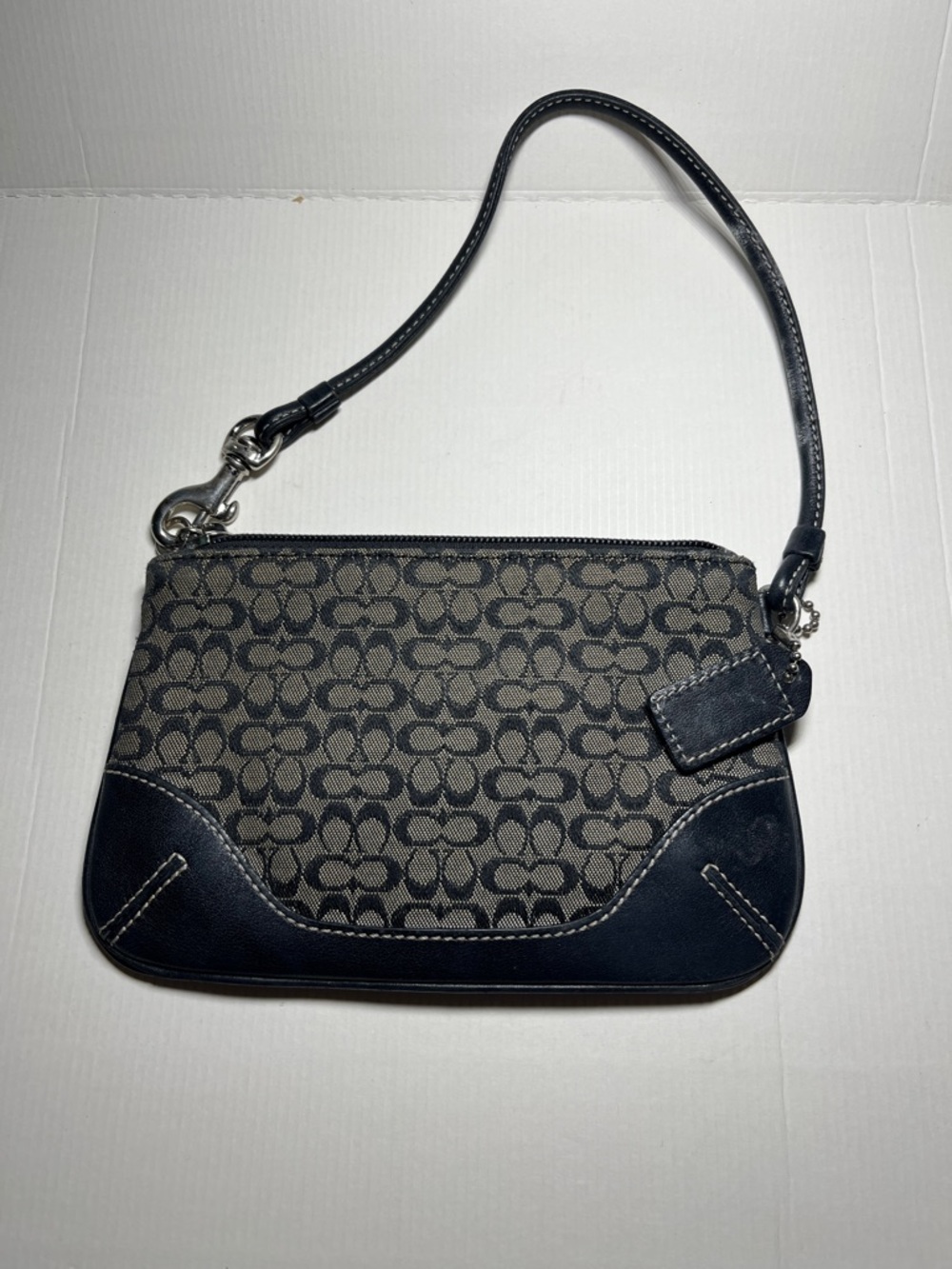 Coach Black Signature Canvas Mini Wristlet with Leather Trim